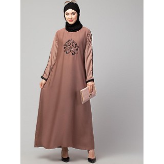 Embroidery abaya with contrast piping sleeves- Skin color